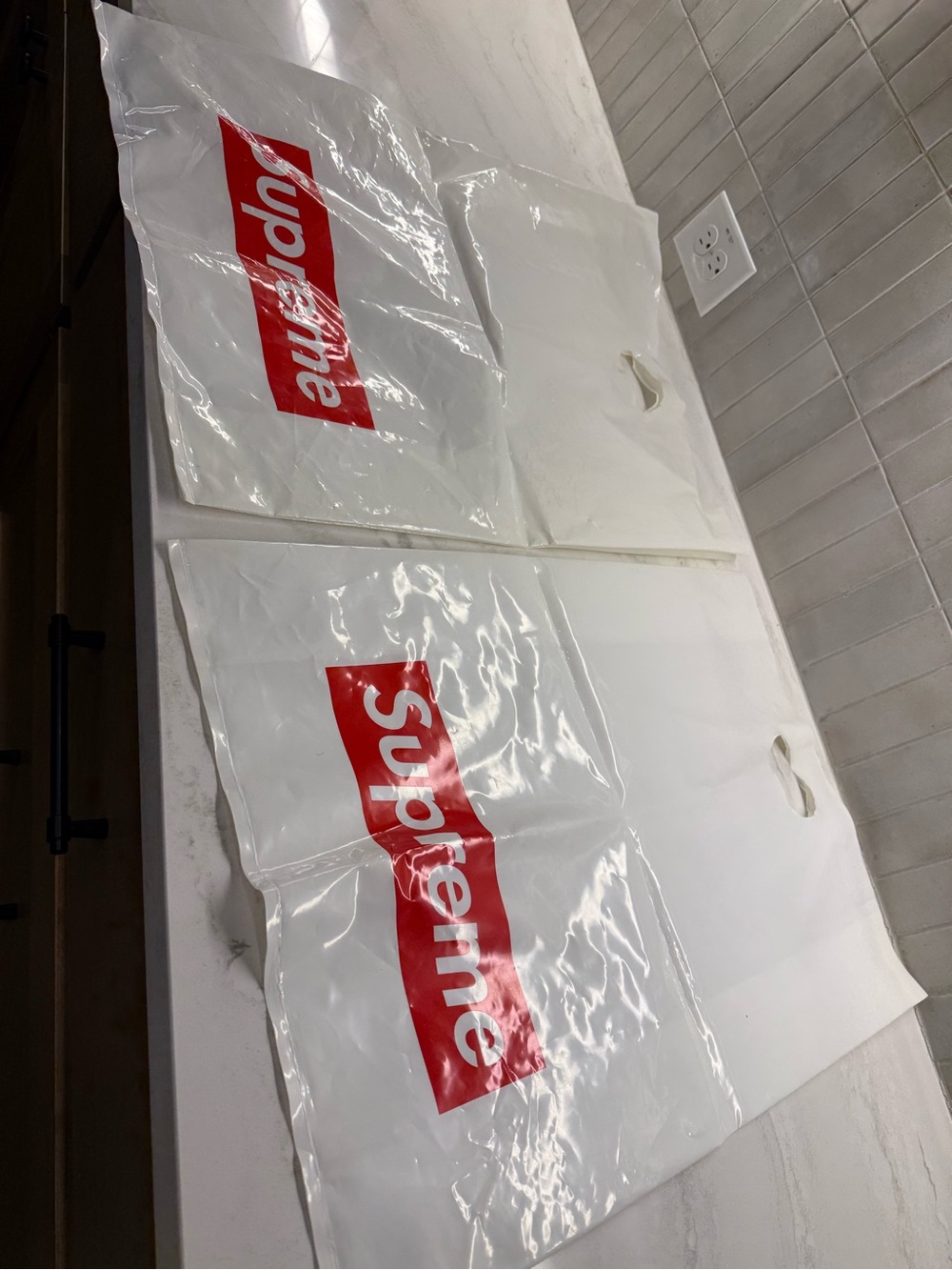 Supreme White Plastic Bags with Red Box Logo - Set of Two